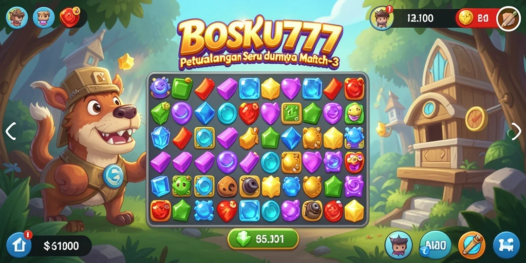 Tampilan seru gameplay Match-3 di BOSKU777.