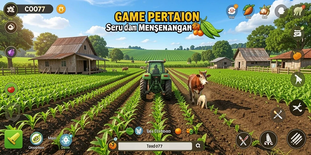 Screenshot gameplay COO77 menampilkan kebun yang luas dan tanaman yang subur.