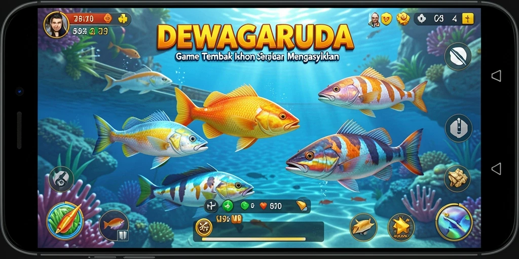 Screenshot gameplay dalam DEWAGARUDA yang menampilkan menembak ikan.