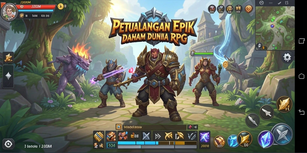 Screenshot utama J200M menampilkan pertarungan epik di dunia RPG.