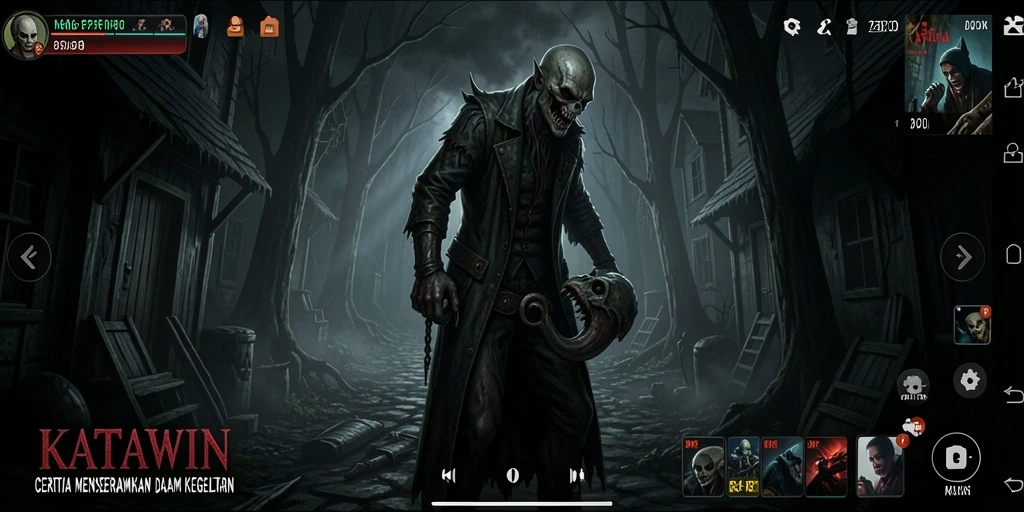 Screenshot gameplay KATAWIN menampilkan suasana horror yang mencekam.