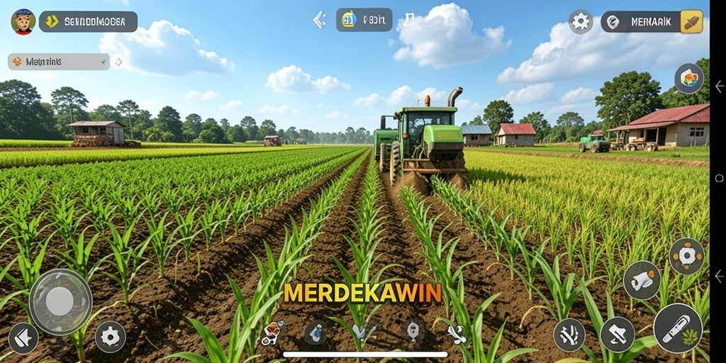 Screenshot gameplay MERDEKAWIN dengan pemandangan luas pertanian.