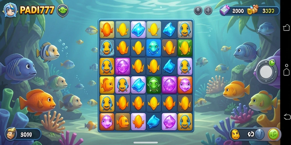 Tangkapan layar PADI777 menampilkan gameplay seru dari level Match-3 yang menantang.