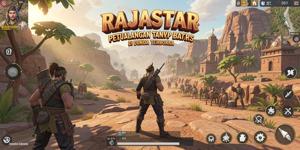 Screenshot gameplay RAJASTAR dengan pemandangan dunia yang luas.