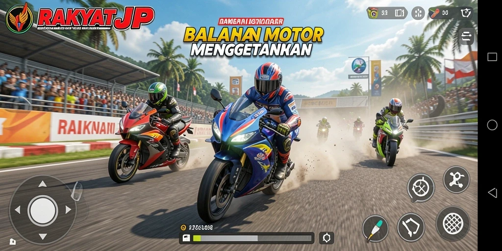 Screenshot utama RAKYATJP menampilkan aksi balapan motor yang mendebarkan.